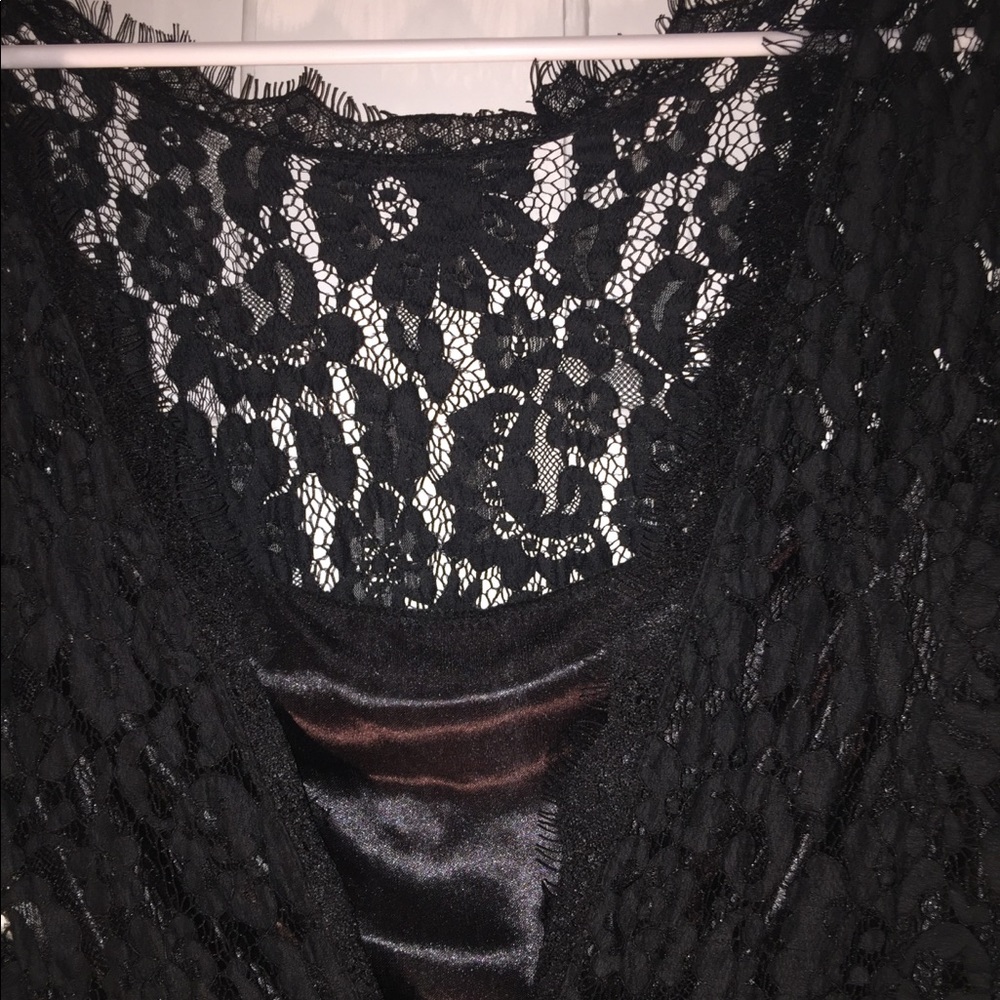 Long sheer lace with blk satin slip to above knees